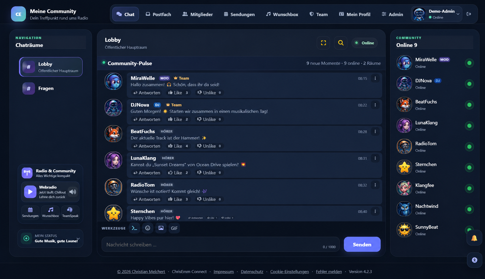 Produktansicht eines gut besuchten ChrisEmm Connect Live-Chats mit fiktiven Demo-Mitgliedern